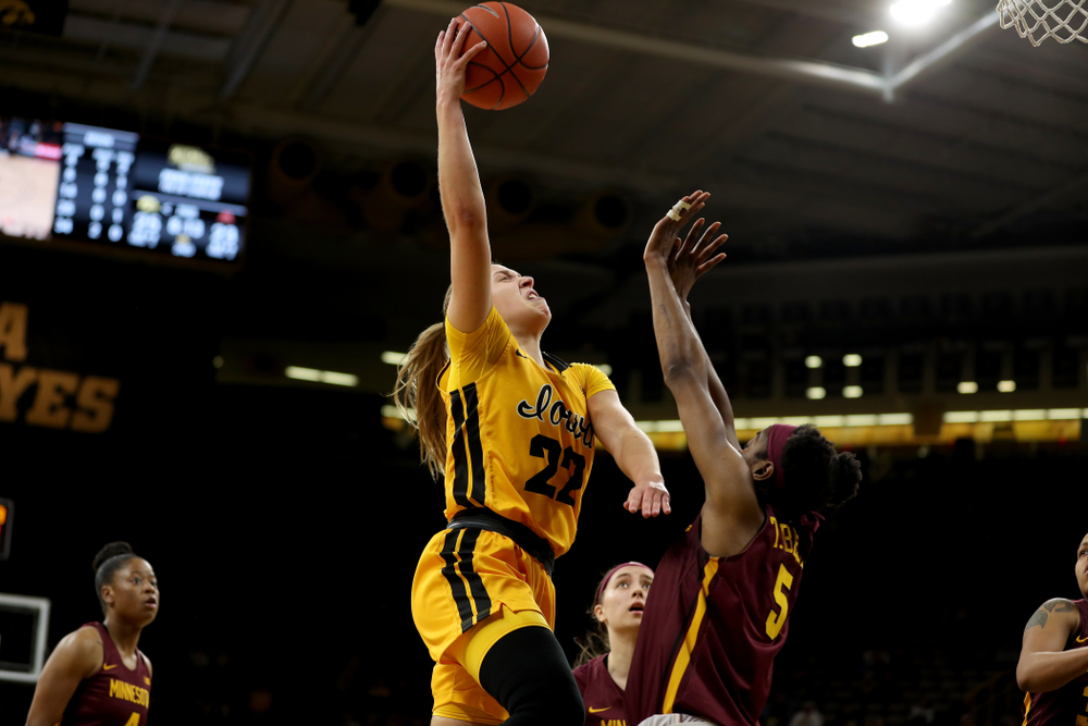 Iowa Hawkeyes guard Kathleen Doyle (22) against the Minnesota Golden Gophers Thursday, February 27, 2020 at Carver-Hawkeye Arena. (Brian Ray/hawkeyesports.com)