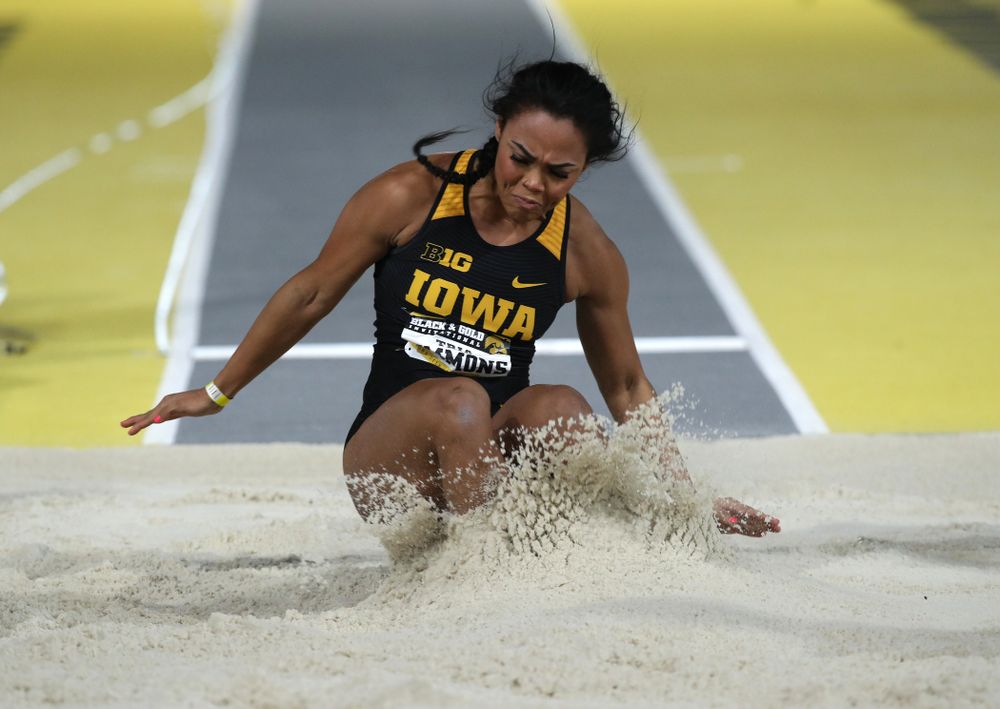 Iowa's Tria Simmons competes in the long jump during the Black and Gold Premier meet Saturday, January 26, 2019 at the Recreation Building. (Brian Ray/hawkeyesports.com)