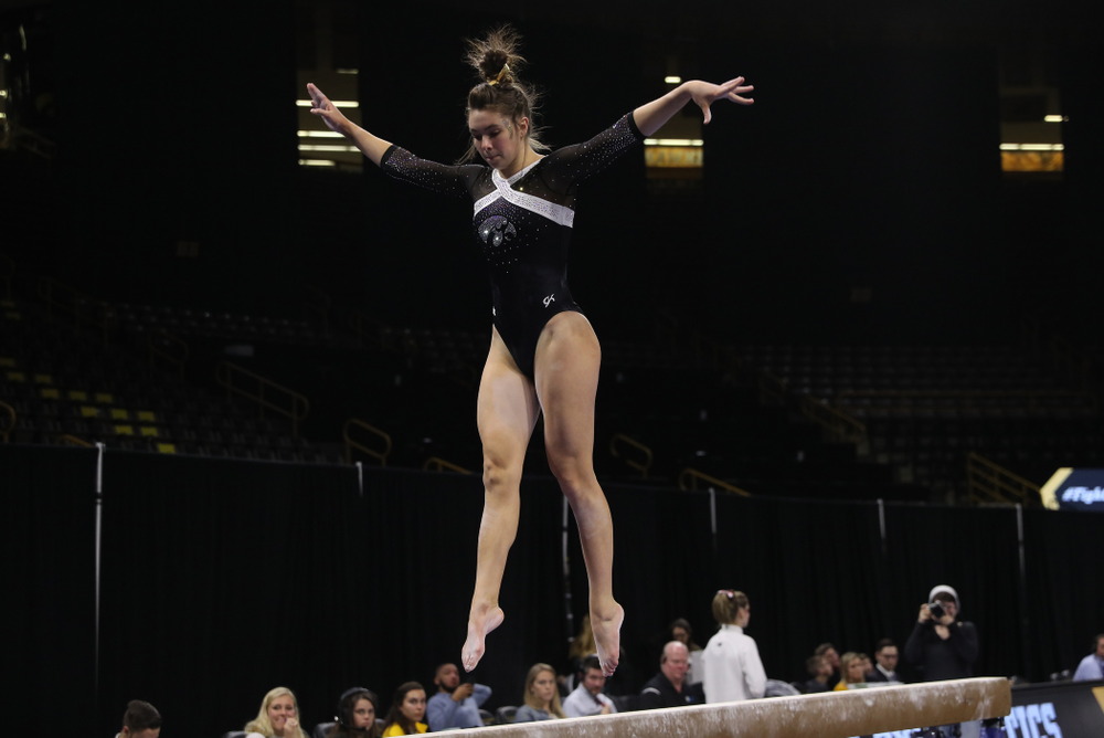 Iowa's Bridget Killian competes on the beam against the Rutgers Scarlet Knights Saturday, January 26, 2019 at Carver-Hawkeye Arena. (Brian Ray/hawkeyesports.com)