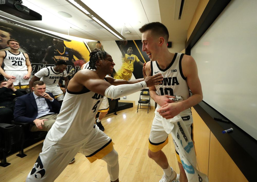 Iowa Hawkeyes guard Bakari Evelyn (4) and guard Joe Wieskamp (10) against the Maryland Terrapins Friday, January 10, 2020 at Carver-Hawkeye Arena. (Brian Ray/hawkeyesports.com)