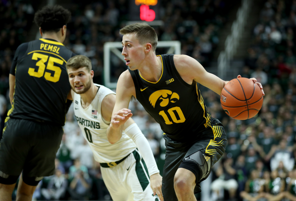 Iowa Hawkeyes guard Joe Wieskamp (10) against Michigan State Tuesday, February 25, 2020 at the Breslin Center in East Lansing, MI. (Brian Ray/hawkeyesports.com)