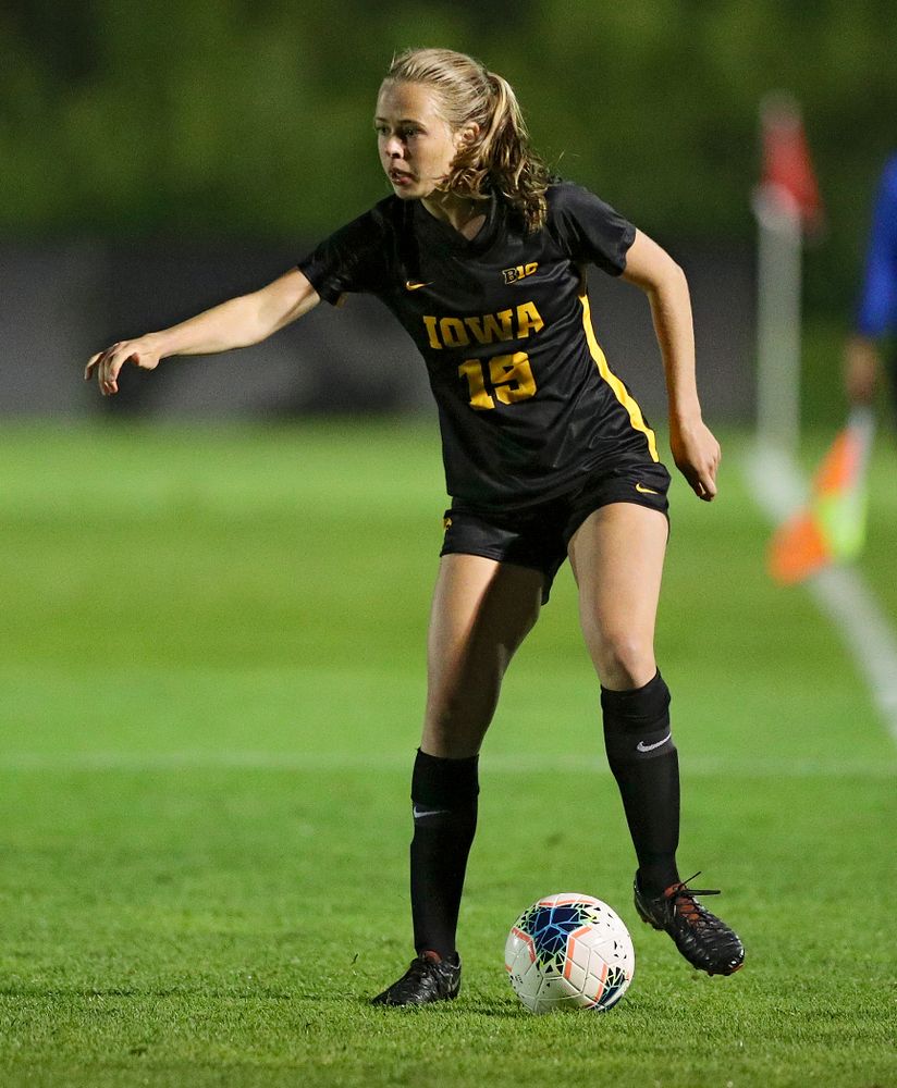 Iowa forward Jenny Cape (19) moves with the ball during the second half of their match against Western Michigan at the Iowa Soccer Complex in Iowa City on Thursday, Aug 22, 2019. (Stephen Mally/hawkeyesports.com)
