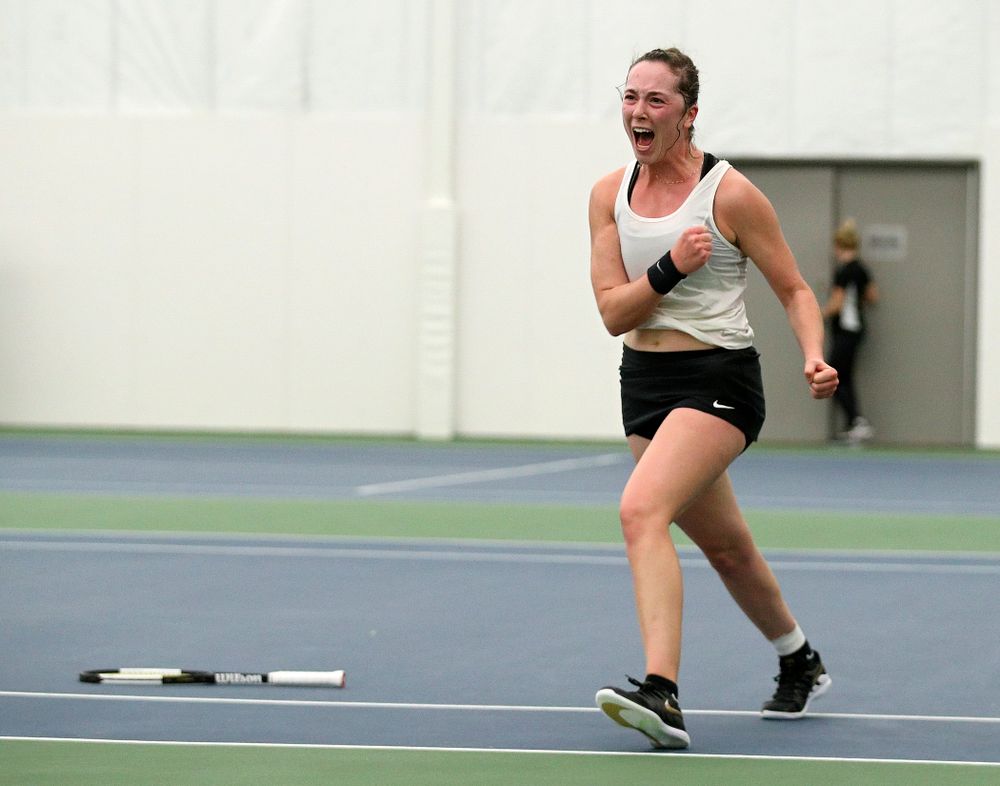 Iowa’s Samantha Mannix celebrates after winning her singles match at the Hawkeye Tennis and Recreation Complex in Iowa City on Sunday, February 23, 2020. (Stephen Mally/hawkeyesports.com)