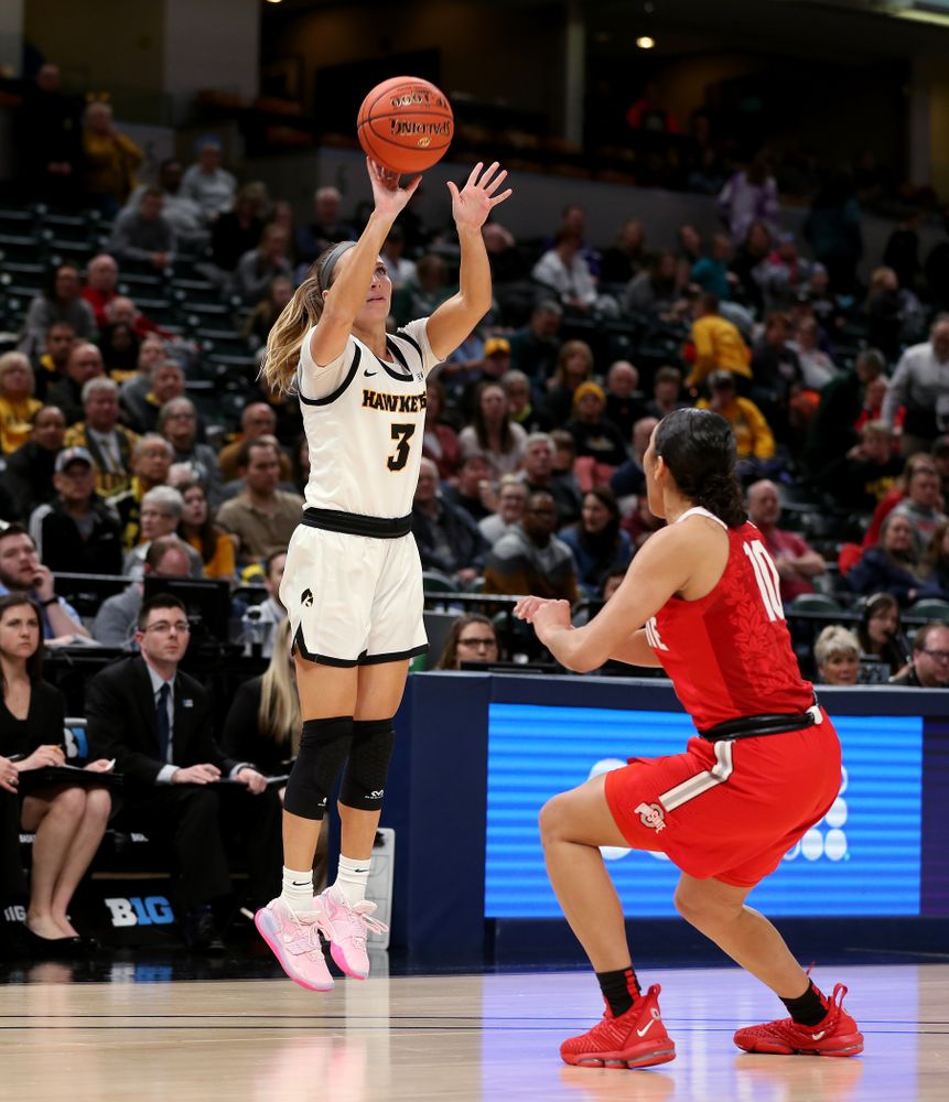 Iowa Hawkeyes guard Makenzie Meyer (3) against Ohio State in the quarterfinals of the Big Ten Basketball Tournament Friday, March 6, 2020 at Bankers Life Fieldhouse in Indianapolis. (Brian Ray/hawkeyesports.com)