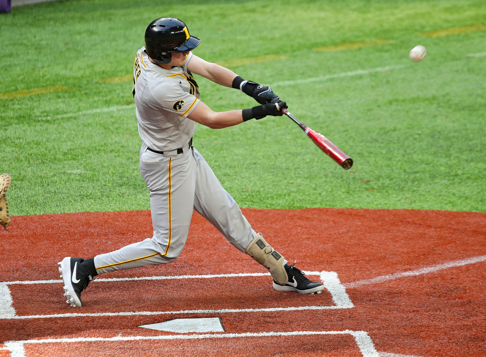 Iowa Hawkeyes infielder Brendan Sher (2) bats during the first inning of their CambriaCollegeClassic game at U.S. Bank Stadium in Minneapolis, Minn. on Friday, February 28, 2020. (Stephen Mally/hawkeyesports.com)