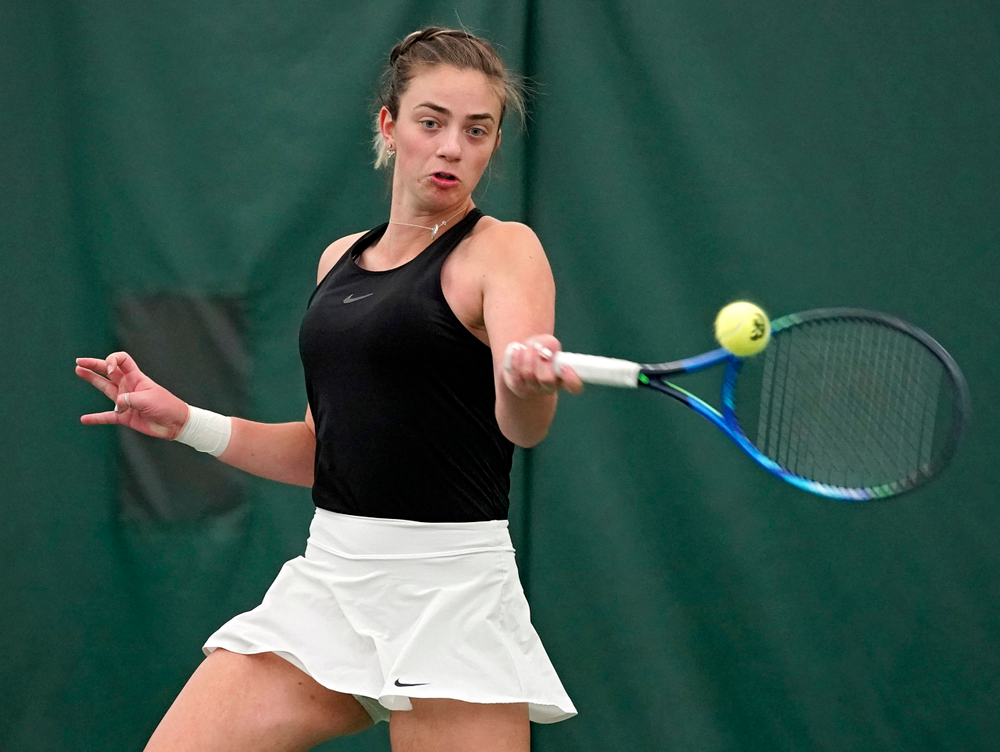Iowa's Sophie Clark during their doubles match against Indiana at the Hawkeye Tennis and Recreation Complex in Iowa City on Sunday, Mar. 31, 2019. (Stephen Mally/hawkeyesports.com)