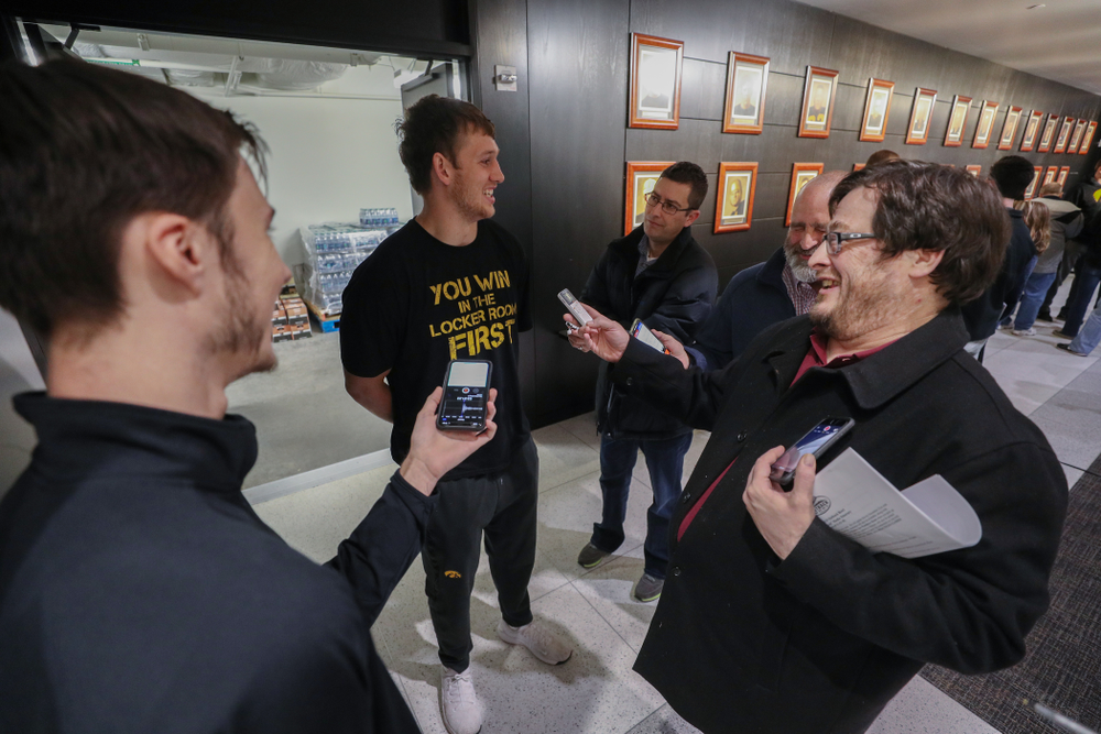 Iowa Hawkeyes tight end T.J. Hockenson (38) addresses the media about the Hawkeyes selection to face Mississippi State in the Outback Bowl Sunday, December 2, 2018 at the Hansen Football Performance Center. (Brian Ray/hawkeyesports.com)