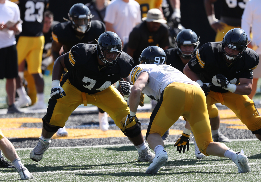Iowa Hawkeyes offensive lineman Tristan Wirfs (74) during Fall Camp Practice No. 5 Tuesday, August 6, 2019 at the Ronald D. and Margaret L. Kenyon Football Practice Facility. (Brian Ray/hawkeyesports.com)