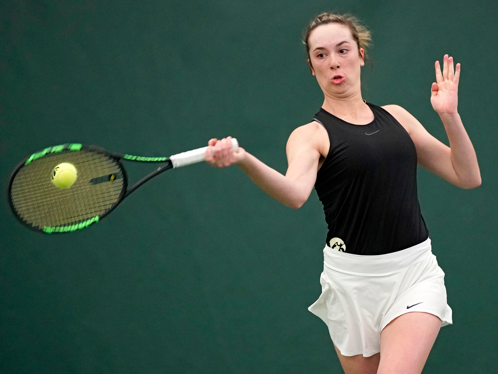 Iowa's Samantha Mannix plays a match against Indiana at the Hawkeye Tennis and Recreation Complex in Iowa City on Sunday, Mar. 31, 2019. (Stephen Mally/hawkeyesports.com)