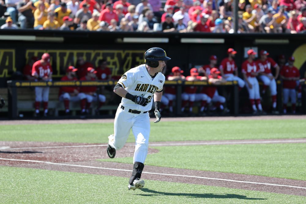 Iowa Hawkeyes Chris Whelan (28) against the Nebraska Cornhuskers Saturday, April 20, 2019 at Duane Banks Field. (Brian Ray/hawkeyesports.com)