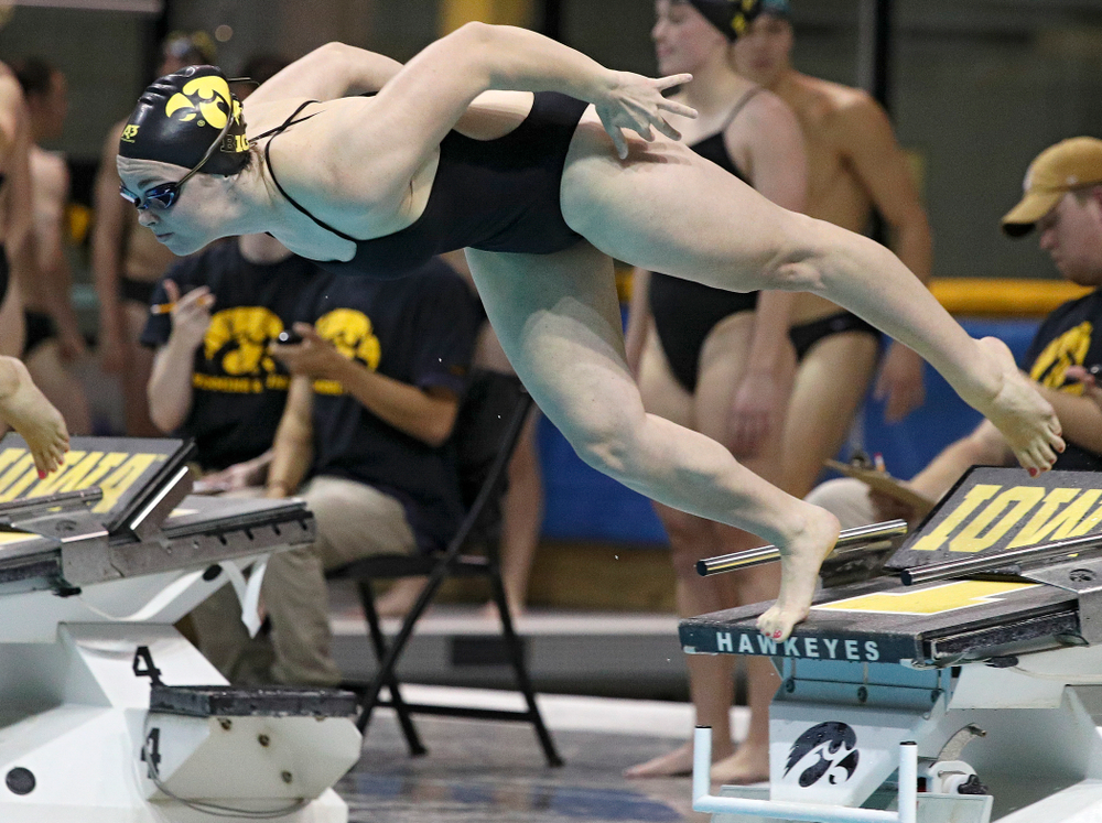 Iowa’s Lexi Horner takes off for the 100-yard individual medley event during their meet against Michigan State at the Campus Recreation and Wellness Center in Iowa City on Thursday, Oct 3, 2019. (Stephen Mally/hawkeyesports.com)