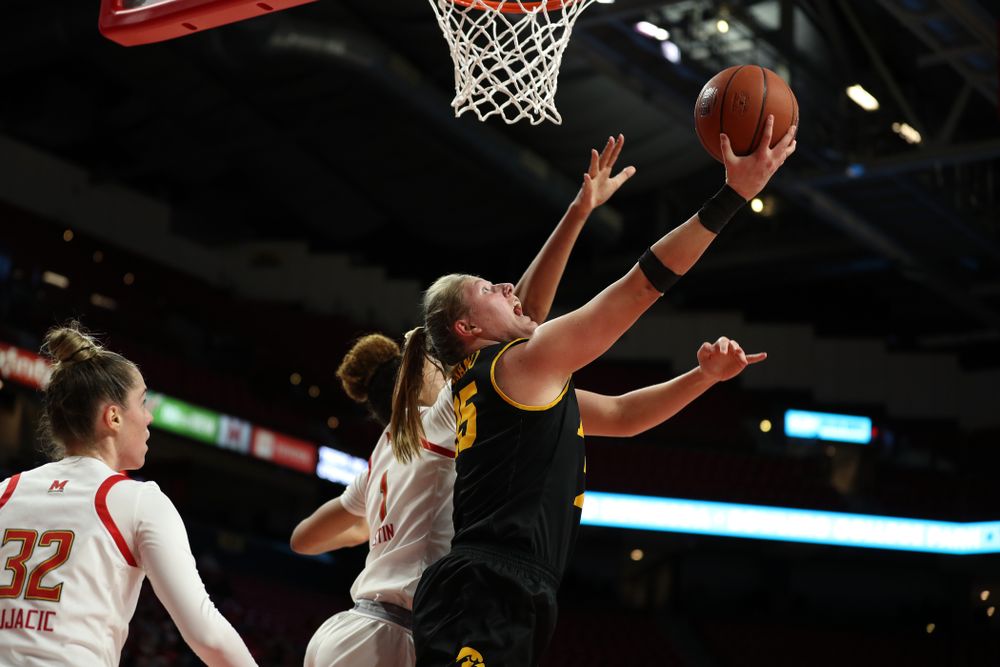 Iowa Hawkeyes forward/center Monika Czinano (25) against the Maryland Terrapins Thursday, February 13, 2020 at the Xfinity Center in College Park, MD. (Brian Ray/hawkeyesports.com)