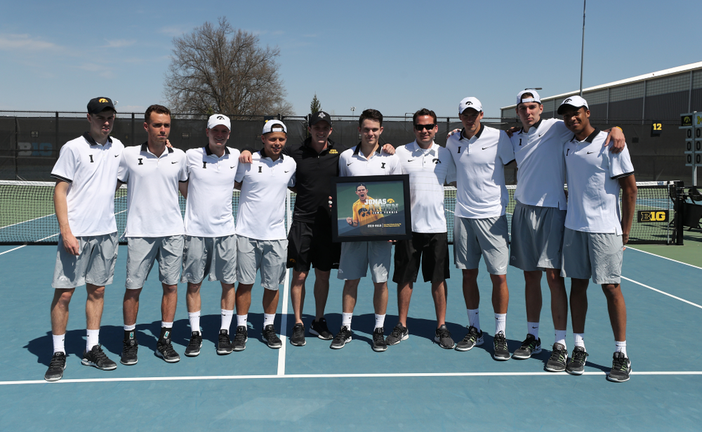 IowaÕs Jonas Larsen is honored during senior day ceremonies before their game against the Michigan Wolverines Sunday, April 21, 2019 at the Hawkeye Tennis and Recreation Complex. (Brian Ray/hawkeyesports.com)