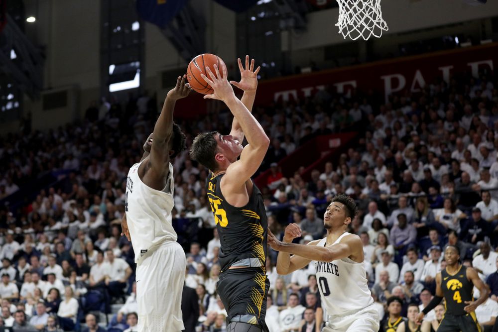 Iowa Hawkeyes forward Luka Garza (55) against Penn State Saturday, January 4, 2020 at the Palestra in Philadelphia. (Brian Ray/hawkeyesports.com)