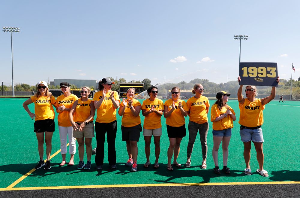 Former stand out Iowa Field Hockey teams are introduced as part of an alumni reunion during halftime of the Iowa Hawkeyes game against Indiana Sunday, September 16, 2018 at Grant Field. (Brian Ray/hawkeyesports.com)