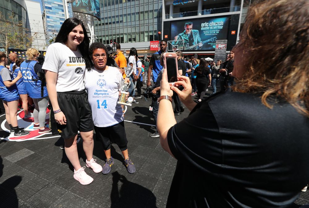 Iowa Hawkeyes forward Megan Gustafson (10) during a Special Olympics event Friday, April 12, 2019 as part of the ESPN College Basketball Awards in the XBOX Plaza at LA Live. (Brian Ray/hawkeyesports.com)