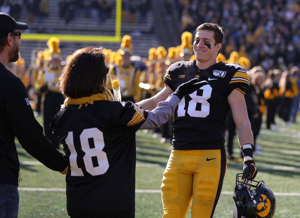 Iowa Hawkeyes defensive back John Milani (18) during Senior Day festivities before their game against the Illinois Fighting Illini Saturday, November 23, 2019 at Kinnick Stadium. (Brian Ray/hawkeyesports.com)
