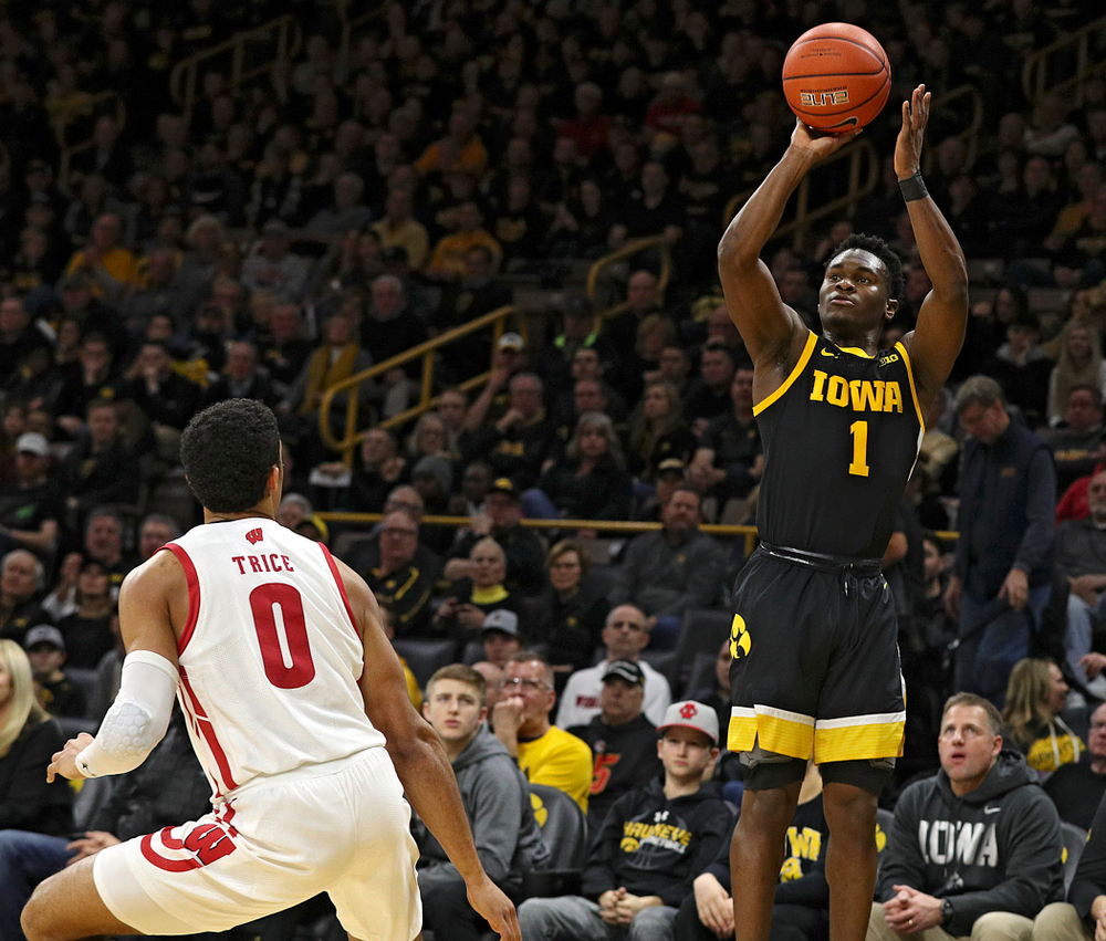 Iowa Hawkeyes guard Joe Toussaint (1) puts up a shot during the first half of their game at Carver-Hawkeye Arena in Iowa City on Monday, January 27, 2020. (Stephen Mally/hawkeyesports.com)