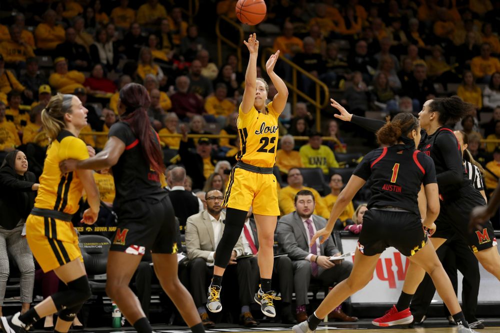 Iowa Hawkeyes guard Kathleen Doyle (22) knocks down a three point basket against the Maryland Terrapins Thursday, January 9, 2020 at Carver-Hawkeye Arena. (Brian Ray/hawkeyesports.com)