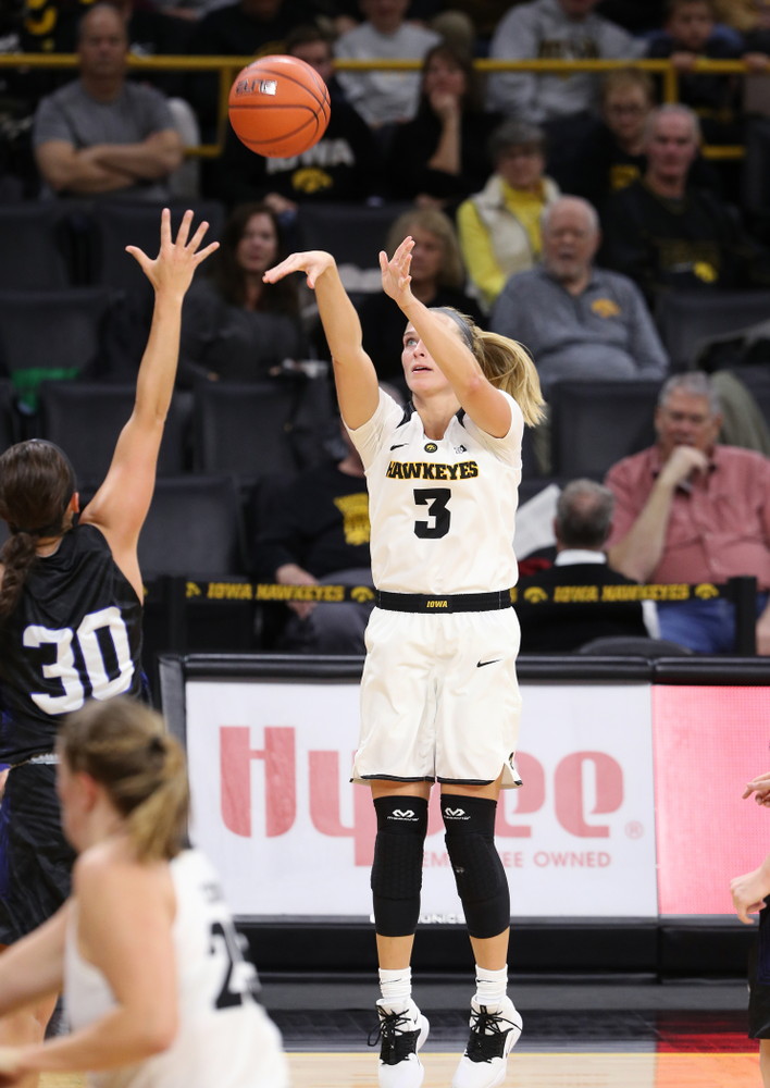 Iowa Hawkeyes guard Makenzie Meyer (3) against Dakota Wesleyan University Tuesday, November 6, 2018 at Carver-Hawkeye Arena. (Brian Ray/hawkeyesports.com)