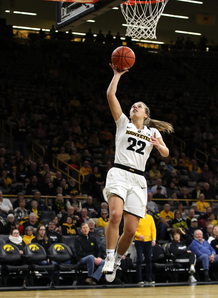 Iowa Hawkeyes guard Kathleen Doyle (22) against the Wisconsin Badgers Monday, January 7, 2019 at Carver-Hawkeye Arena. (Brian Ray/hawkeyesports.com)