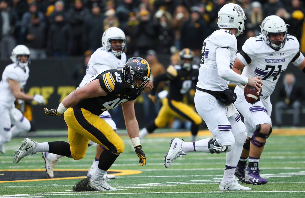 Iowa Hawkeyes defensive end Parker Hesse (40) rushes the quarterback during a game against Northwestern at Kinnick Stadium on November 10, 2018. (Tork Mason/hawkeyesports.com)