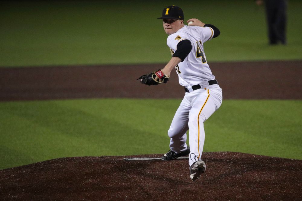 Iowa pitcher Trace Hoffman at game 1 vs Rutgers on Friday, April 5, 2019 at Duane Banks Field. (Lily Smith/hawkeyesports.com)