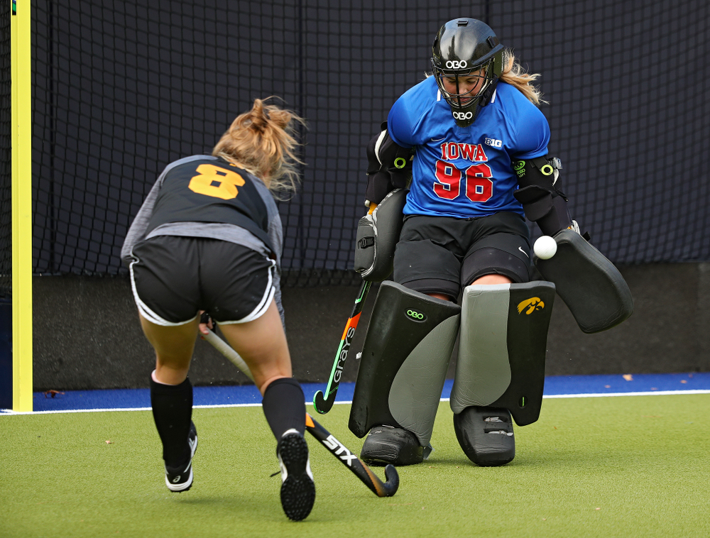 Iowa’s Leslie Speight (96) blocks a shot by Nikki Freeman (8) during their practice at Karen Shelton Stadium in Chapel Hill, N.C. on Saturday, Nov 16, 2019. (Stephen Mally/hawkeyesports.com)