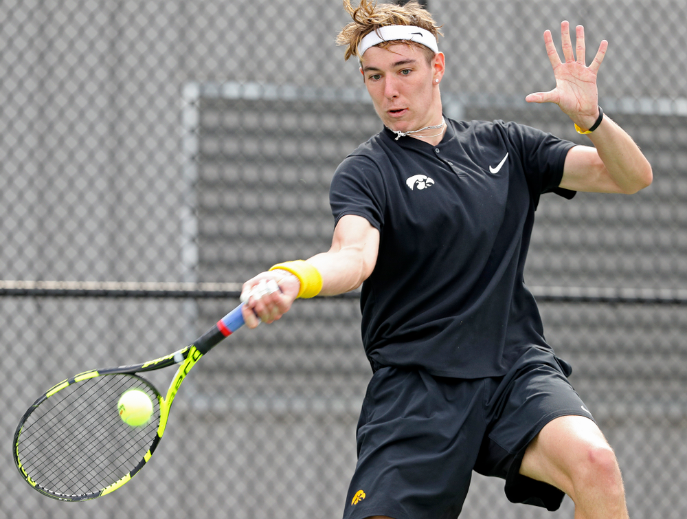 Iowa's Nikita Snezhko competes during a match against Ohio State at the Hawkeye Tennis and Recreation Complex in Iowa City on Sunday, Apr. 7, 2019. (Stephen Mally/hawkeyesports.com)