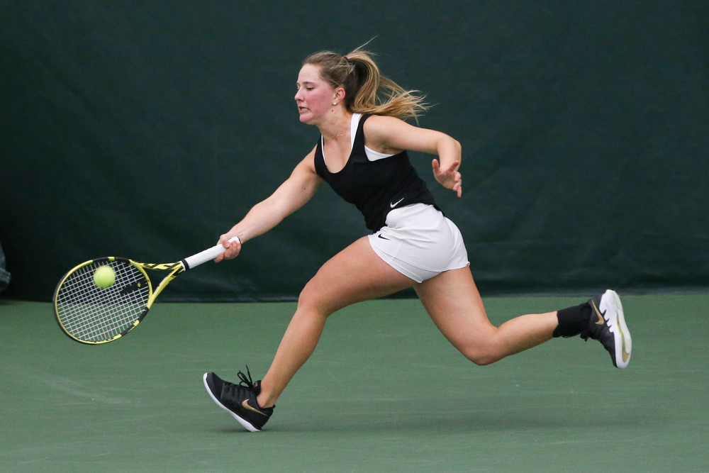 Iowa’s Danielle Burich during the Iowa women’s tennis meet vs DePaul on Friday, February 21, 2020 at the Hawkeye Tennis and Recreation Complex. (Lily Smith/hawkeyesports.com)
