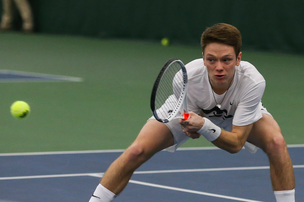 Iowa’s Jason Kerst hits a backhand during the Iowa men’s tennis meet vs Western Michigan on Saturday, January 18, 2020 at the Hawkeye Tennis and Recreation Complex. (Lily Smith/hawkeyesports.com)