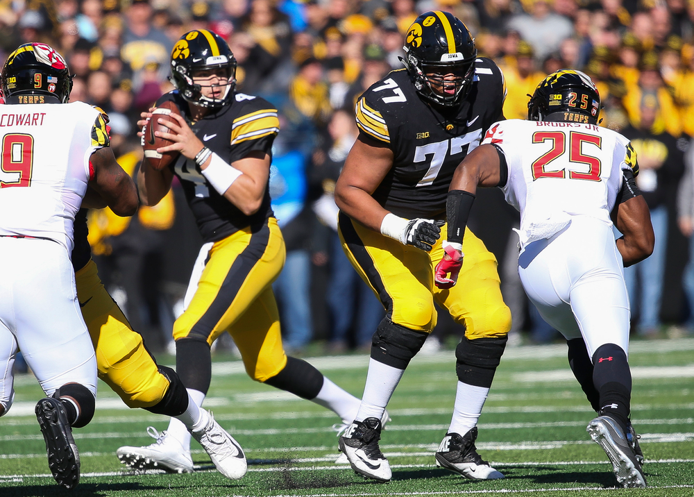 Iowa Hawkeyes offensive lineman Alaric Jackson (77) during a game against Maryland at Kinnick Stadium on October 20, 2018. (Tork Mason/hawkeyesports.com)