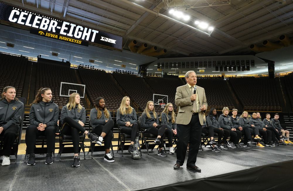 University of Iowa President Bruce Harreld speaks during the Iowa WomenÕs Basketball Celebr-Eight event Wednesday, April 24, 2019 at Carver-Hawkeye Arena. (Brian Ray/hawkeyesports.com)