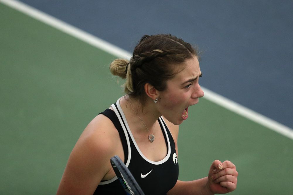 Iowa's Sophie Clark against the Penn State Nittany Lions Sunday, February 24, 2019 at the Hawkeye Tennis and Recreation Complex. (Brian Ray/hawkeyesports.com)