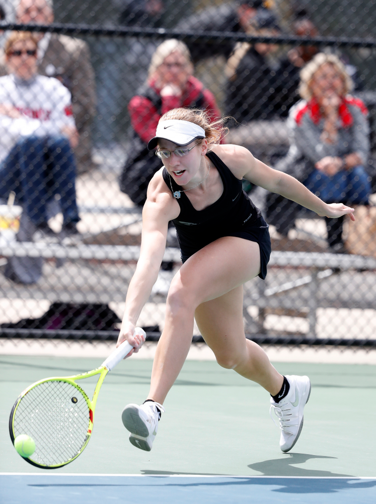 Montana Crawford and Danielle Burich play a doubles match against the Wisconsin Badgers Sunday, April 22, 2018 at the Hawkeye Tennis and Recreation Center. (Brian Ray/hawkeyesports.com)