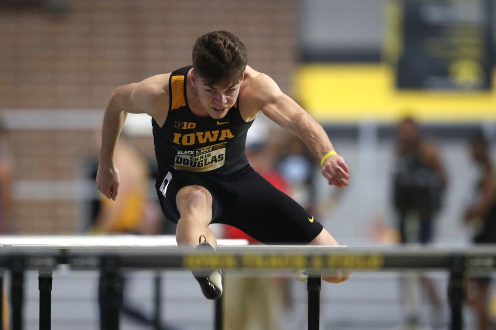 Iowa's Chris Douglas competes in the 60-meter hurdles during the Black and Gold Premier meet Saturday, January 26, 2019 at the Recreation Building. (Brian Ray/hawkeyesports.com)