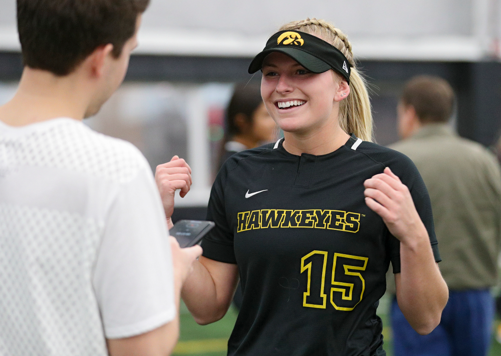 Iowa infielder Erin Carter (15) answers questions during Iowa Softball Media Day at the Hawkeye Tennis and Recreation Complex in Iowa City on Thursday, January 30, 2020. (Stephen Mally/hawkeyesports.com)