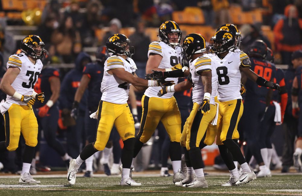 Iowa Hawkeyes defensive back Amani Hooker (27) intercepts a pass against the Illinois Fighting Illini Saturday, November 17, 2018 at Memorial Stadium in Champaign, Ill. (Brian Ray/hawkeyesports.com)