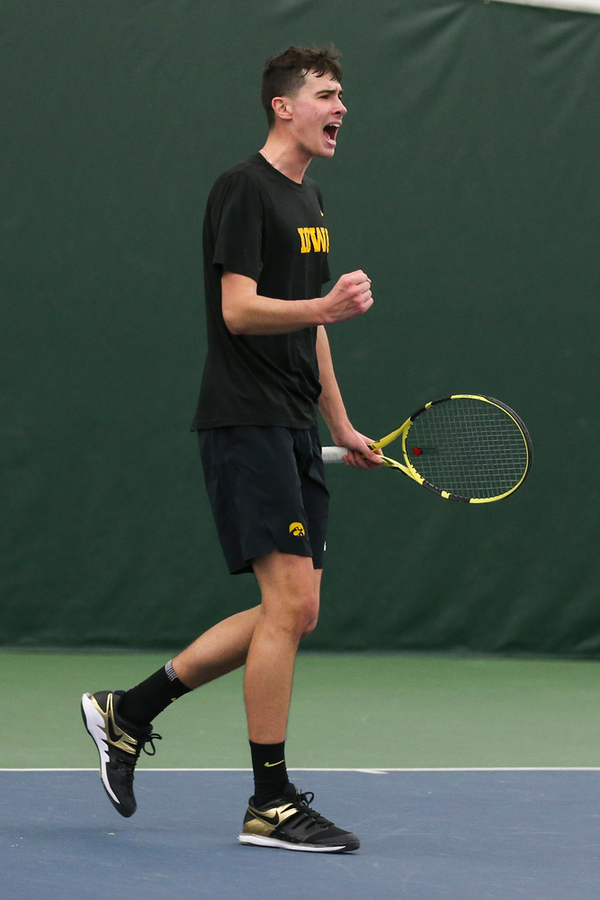 Iowa’s Matt Clegg celebrates a point during the Iowa men’s tennis meet vs VCU on Saturday, February 29, 2020 at the Hawkeye Tennis and Recreation Complex. (Lily Smith/hawkeyesports.com)