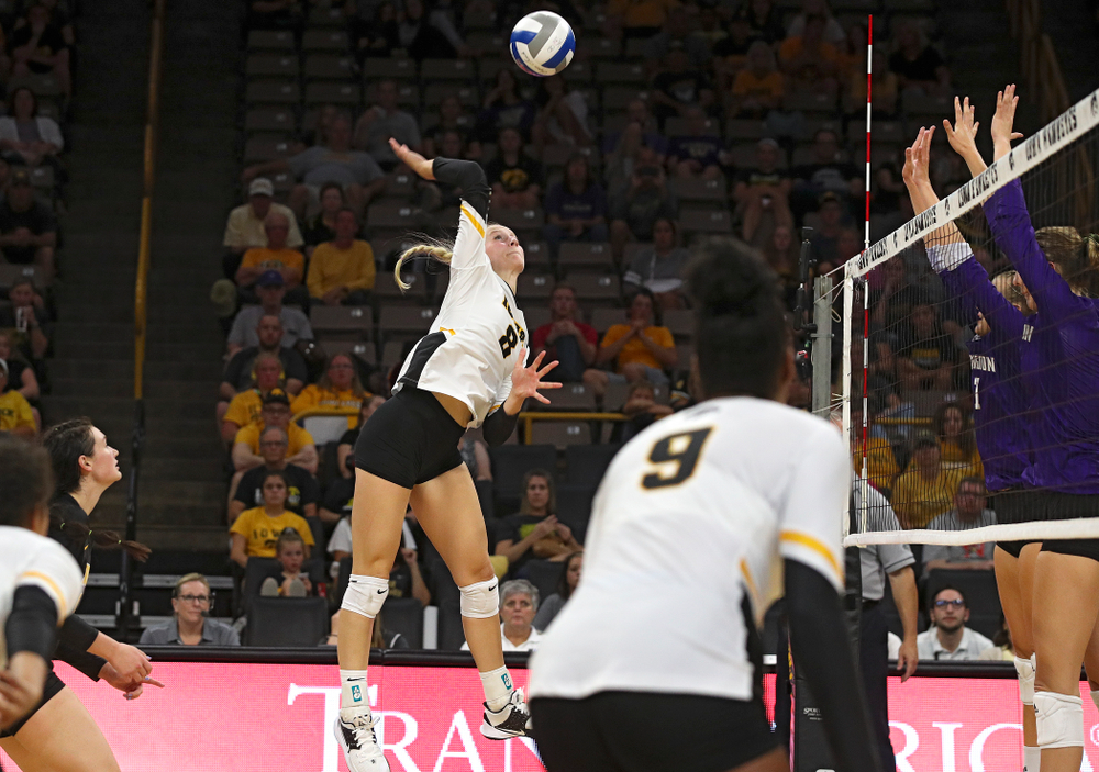 Iowa’s Kyndra Hansen (8) goes up for a shot during their Big Ten/Pac-12 Challenge match at Carver-Hawkeye Arena in Iowa City on Saturday, Sep 7, 2019. (Stephen Mally/hawkeyesports.com)