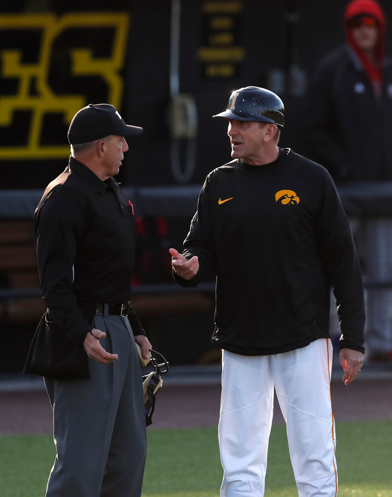 Iowa Hawkeyes head coach Rick Heller against Northern Illinois Tuesday, April 17, 2018 at Duane Banks Field. (Brian Ray/hawkeyesports.com)