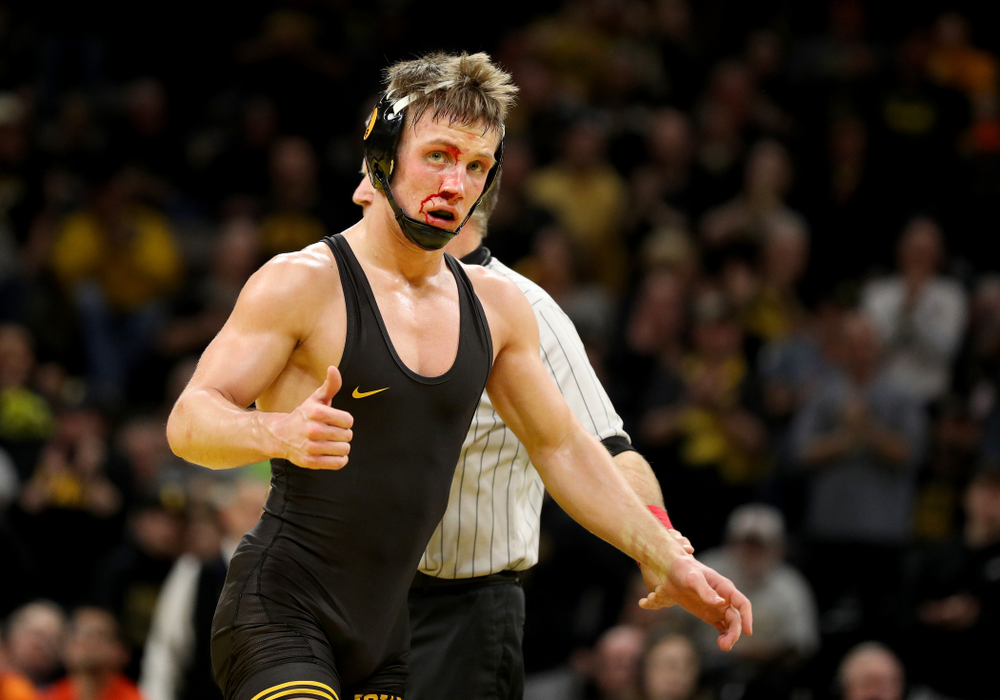 Iowa’s Max Murin Wrestles Oklahoma State’s Dusty Hone at 141 pounds Sunday, February 23, 2020 at Carver-Hawkeye Arena. Murin won the match 15-4. (Brian Ray/hawkeyesports.com)