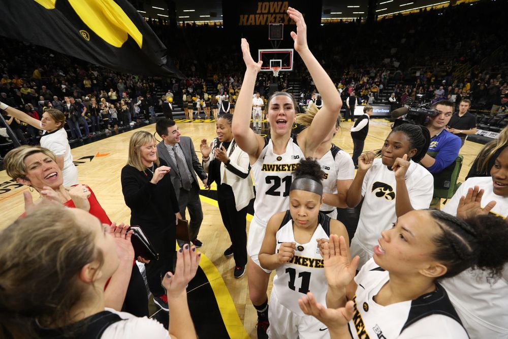 Iowa Hawkeyes forward Hannah Stewart (21) celebrates their win against the Purdue Boilermakers Sunday, January 27, 2019 at Carver-Hawkeye Arena. (Brian Ray/hawkeyesports.com)