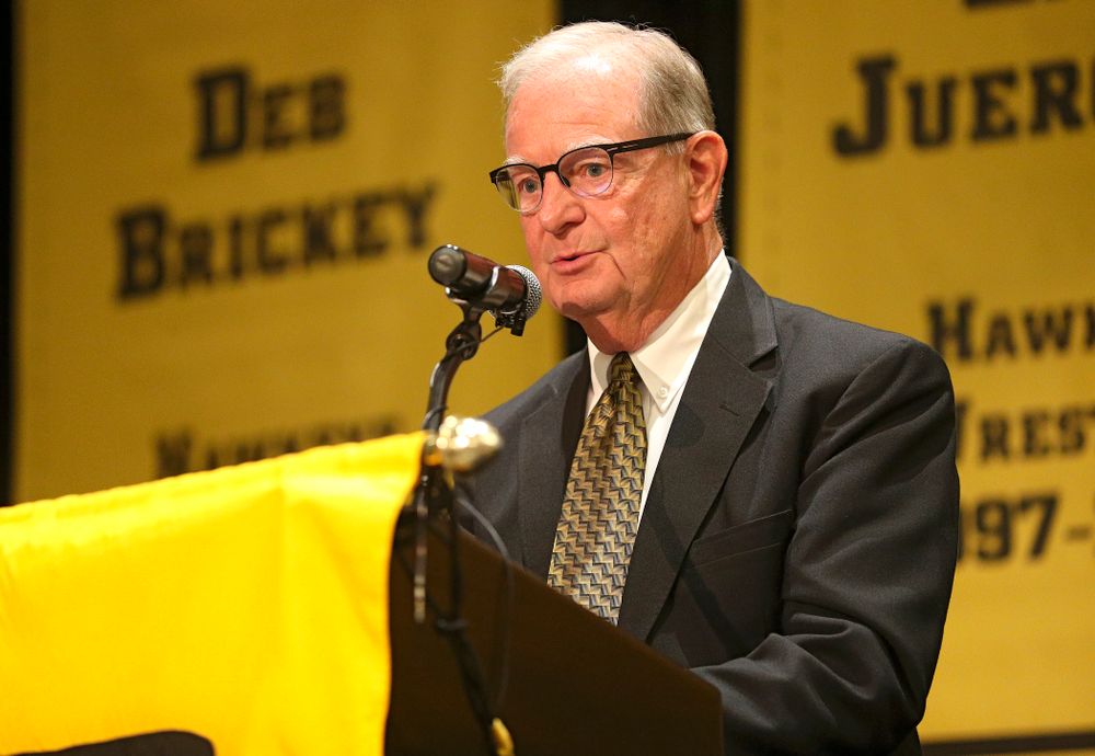 Mark Abbott, the voice of Kinnick Stadium, introduces the Hall of Fame inductees during the Hall of Fame Induction Ceremony at the Coralville Marriott Hotel and Conference Center in Coralville on Friday, Aug 30, 2019. (Stephen Mally/hawkeyesports.com)