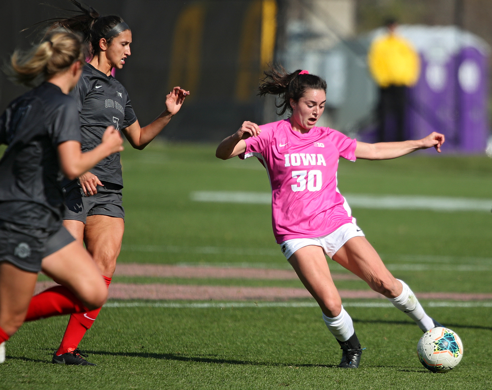 Iowa forward Devin Burns (30) passes the ball during the first half of their match at the Iowa Soccer Complex in Iowa City on Sunday, Oct 27, 2019. (Stephen Mally/hawkeyesports.com)