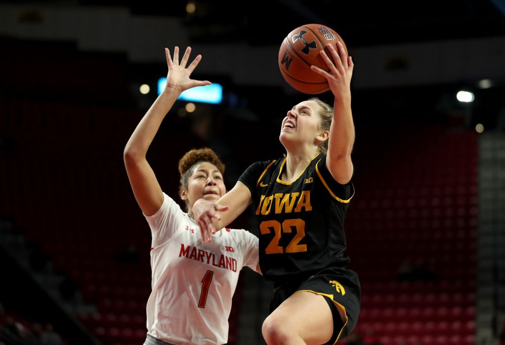 Iowa Hawkeyes guard Kathleen Doyle (22) against the Maryland Terrapins Thursday, February 13, 2020 at the Xfinity Center in College Park, MD. (Brian Ray/hawkeyesports.com)