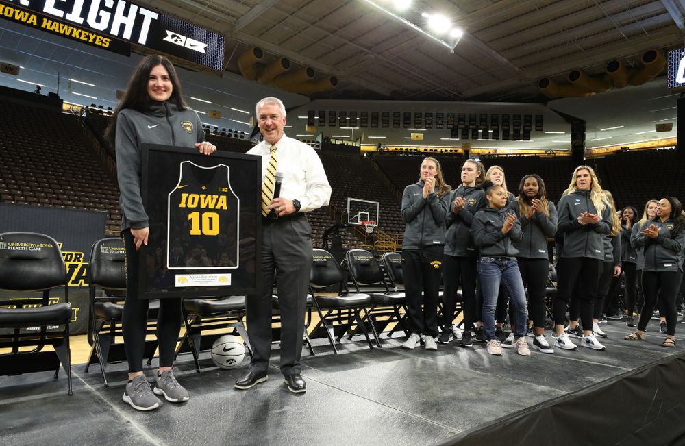 Henry B. and Patricia B. Tippie Director of Athletics Chair announces that the jersey of Iowa Hawkeyes forward Megan Gustafson (10) will be retired at a ceremony next season during the teamÕs Celebr-Eight event Wednesday, April 24, 2019 at Carver-Hawkeye Arena. (Brian Ray/hawkeyesports.com)