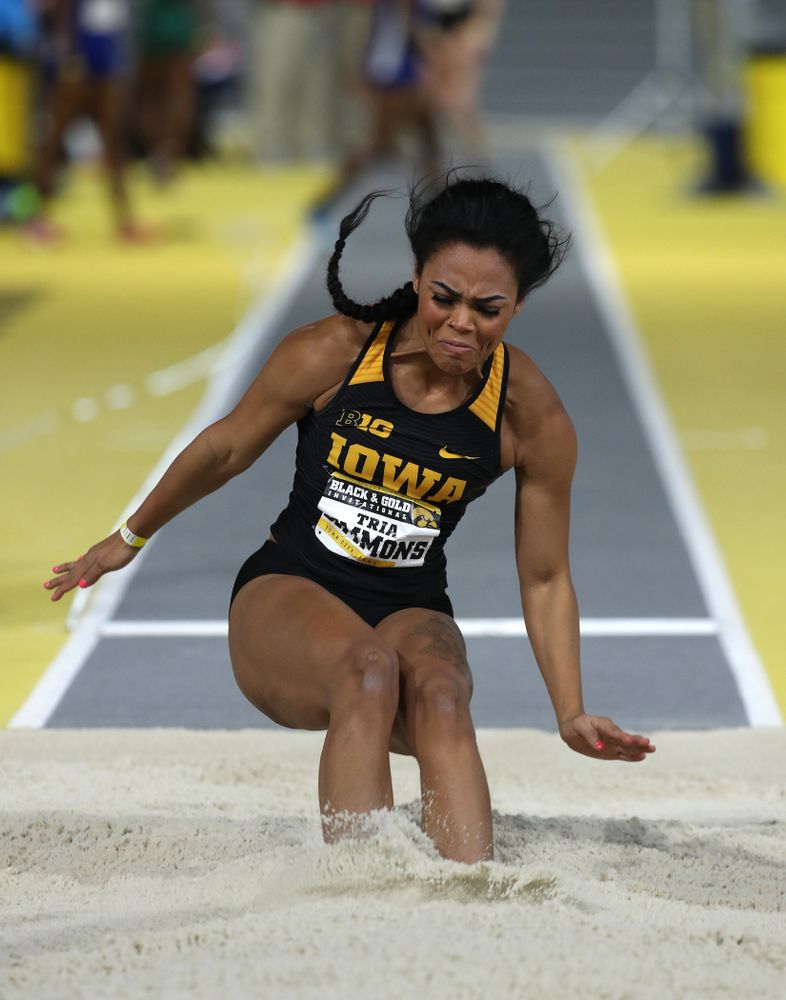 Iowa's Tria Simmons competes in the long jump during the Black and Gold Premier meet Saturday, January 26, 2019 at the Recreation Building. (Brian Ray/hawkeyesports.com)