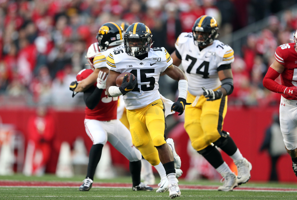 Iowa Hawkeyes running back Tyler Goodson (15) against the Wisconsin Badgers Saturday, November 9, 2019 at Camp Randall Stadium in Madison, Wisc. (Brian Ray/hawkeyesports.com)