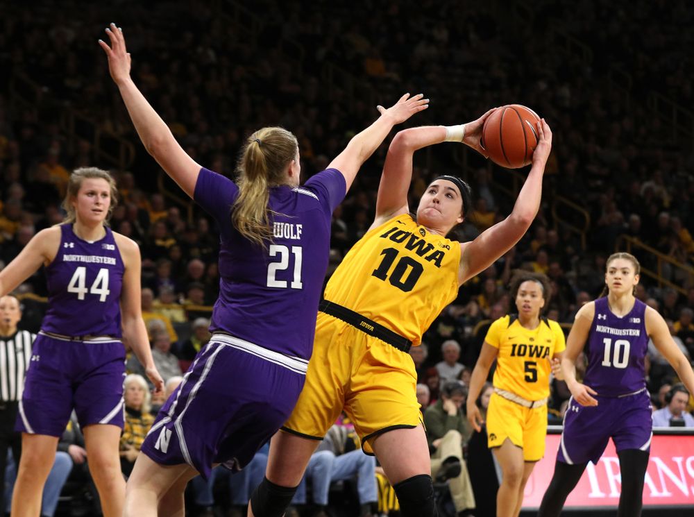 Iowa Hawkeyes forward Megan Gustafson (10) against the Northwestern Wildcats Sunday, March 3, 2019 at Carver-Hawkeye Arena. (Brian Ray/hawkeyesports.com)